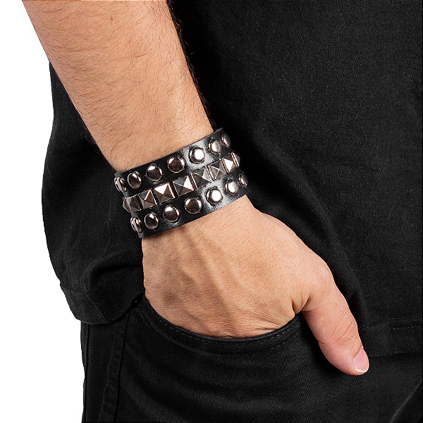 Pulseira Em Couro e Aço Inoxidável Punk - Preta