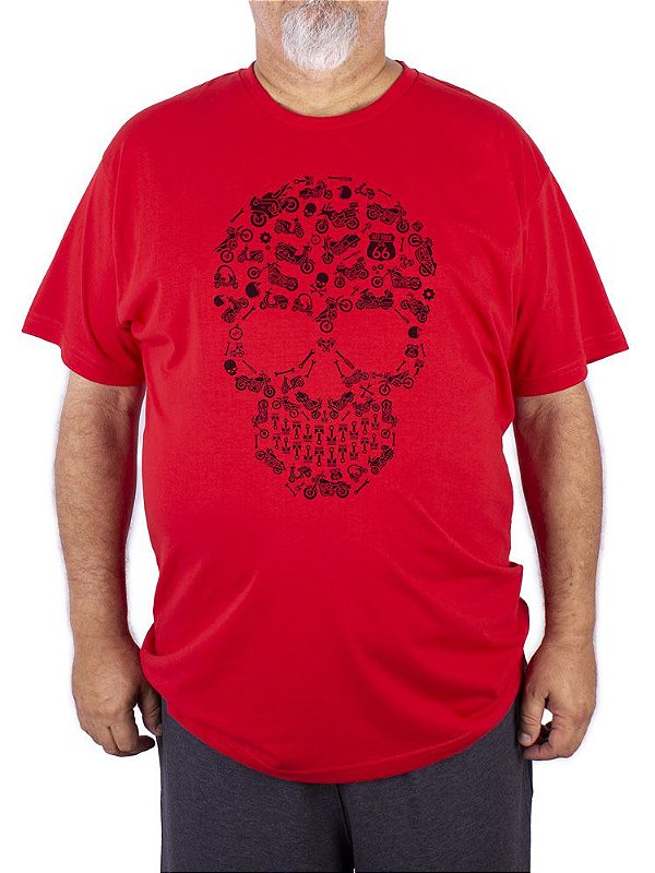 Camiseta Plus Size Caveira Moto Icon Vermelha.