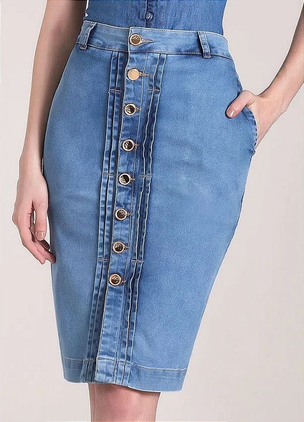 Saia Lápis Jeans com Botões Frontais 62 CM Laura Rosa - 89617