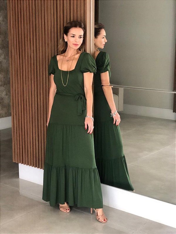 Vestido Longo Verde Em Malha Três Marias Acompanha Cinto Faixa - 11008