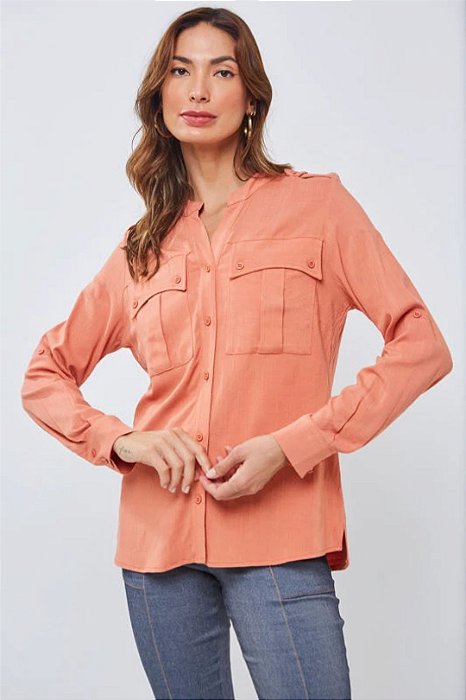 Camisa Telha Em Viscose Com Bolsos Frontais E Martingale - 12101