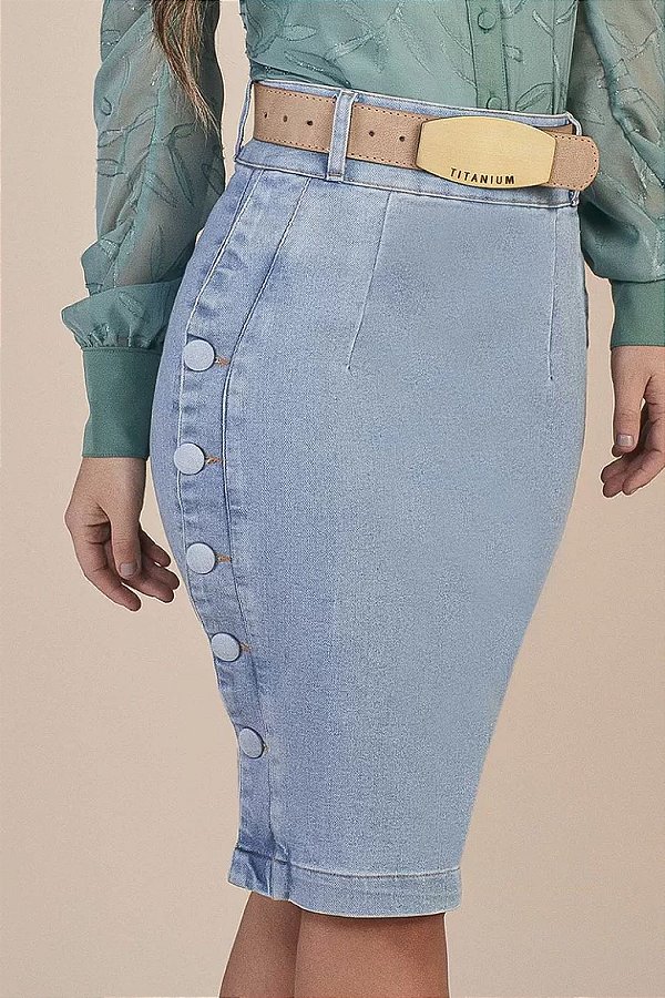 Saia Reta Jeans Com Detalhes Em Botões Encapados Titanium - 25811