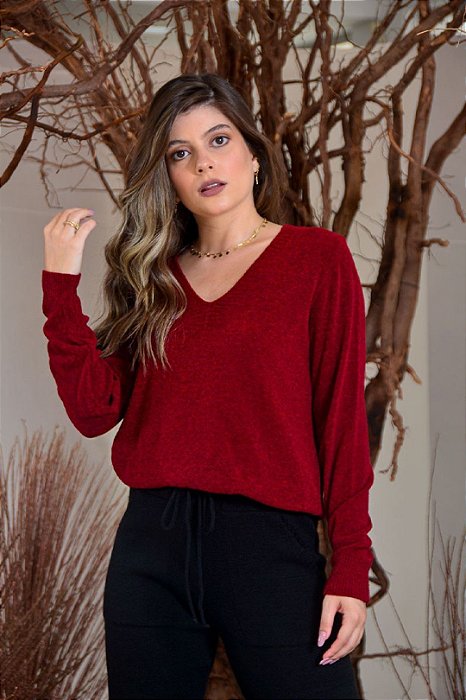 Blusa Bordô Em Tricot Mousse Com Decote V - 16316