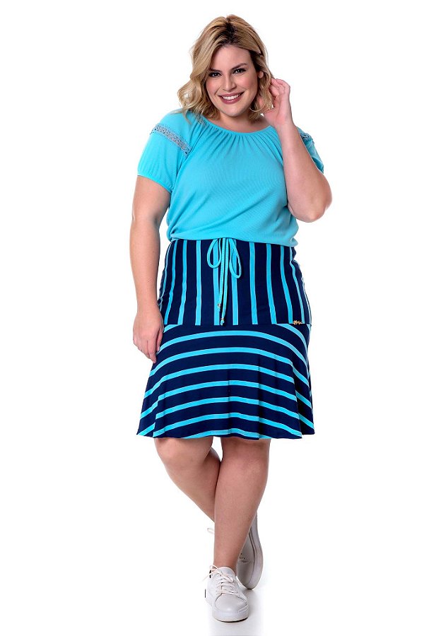 Vestido Evasê Azul Claro Com Listras Manga Curta Com Guipir Hadaza - 50824
