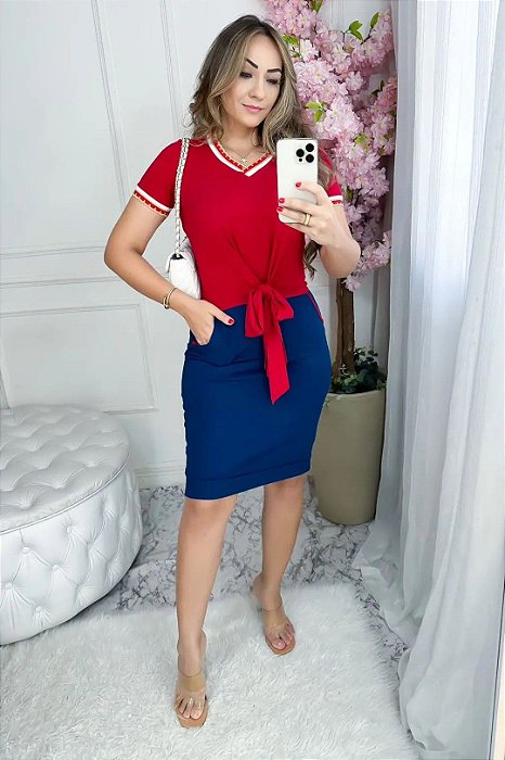 Vestido Vermelho E Azul Com Detalhe Frontal De Amarração - Dellilu - Moda  Clássica e Executiva