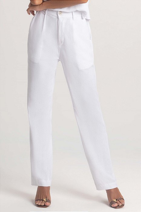 Calça Pantalona Branca Em Viscolinho Com Bolsos Frontais E Traseiros - 103982