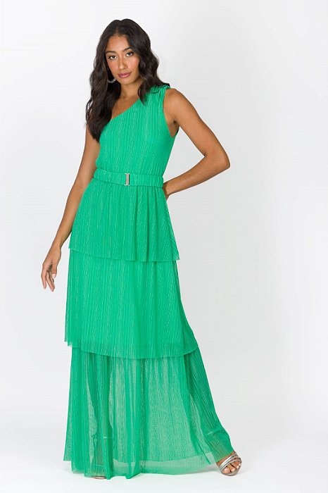 Vestido Longo Verde Mula Manca Em Tule Com Lurex Acompanha Cinto - 104007