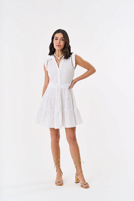 Vestido Branco Em Tricoline Com Detalhes Em Entremeios E Três Marias - 104166