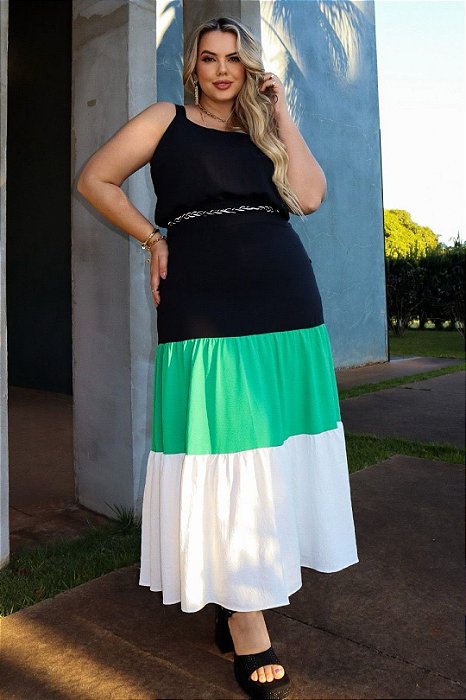 Vestido Maxi Midi Preto Com Recortes Verde E Off White Valentina Ferreira - 41195