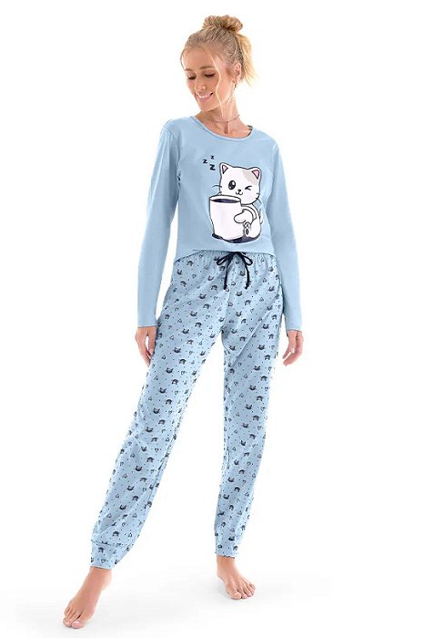 Pijama Azul Com Estampa Frontal Manga Longa e Calça Zee Rucci - ZR32010331862