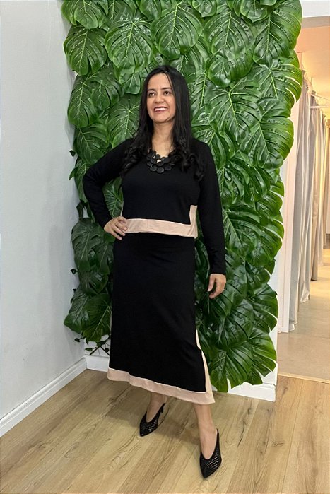Conjunto De Saia Preto Com Recortes Bege Em Moletinho - 6098
