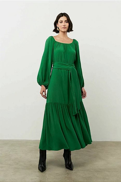 Vestido Maxi Midi Verde Em Viscose Acompanha Faixa - 24701