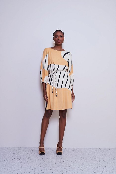 Vestido Estampado Em Viscose Manga 7/8 Acompanha Cordão Ilícito - 02414746