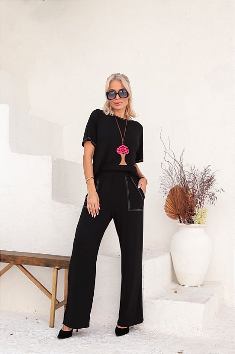 Conjunto De Calça Preto Com Detalhes De Pespontos Branco - 21064