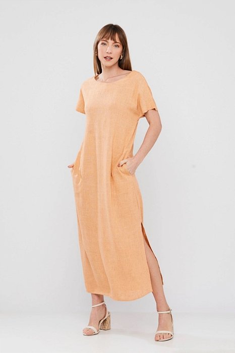 Vestido Maxi Midi Pêssego Em Viscolinho Com Fendas Laterais - 25330