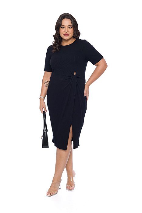 Vestido Midi Preto Em Ribana Canelada Com Detalhe De Torção - 201801