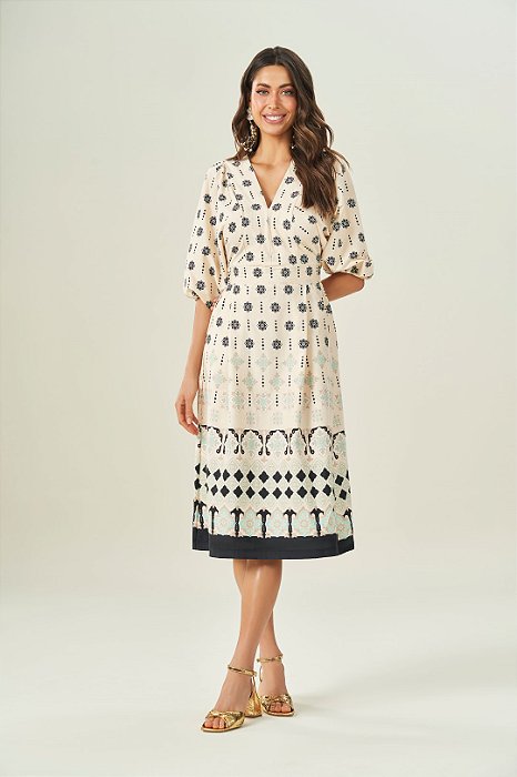 Vestido Midi Estampado Em Tricoline Com Manga 3/4 - 104846