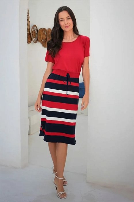 Conjunto De Saia Com Listras Vermelho Off White E Azul - 9981