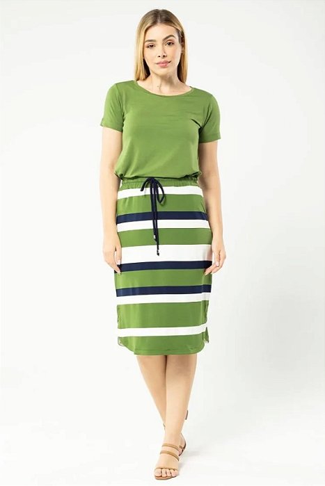 Conjunto De Saia Com Listras Verde Off White E Azul - 9981