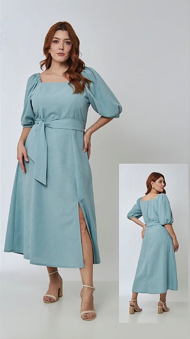 Vestido Maxi Midi Azul Com Fenda Frontal Com Faixa Vocco Plus - 86767