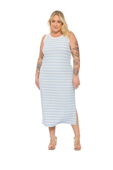 Vestido Maxi Midi Listra Azul E Off White Sem Manga E Fendas Laterais - 201868