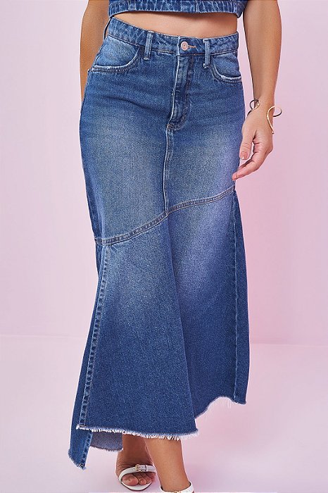 Saia Midi Jeans Assimétrica Com Fenda Frontal - 105121