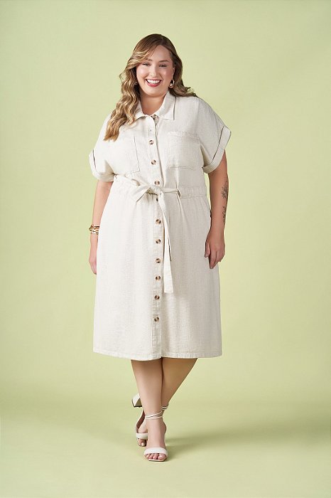 Vestido Chemise Cru Em Sarja Com Linho Com Botões Frontais - 201903
