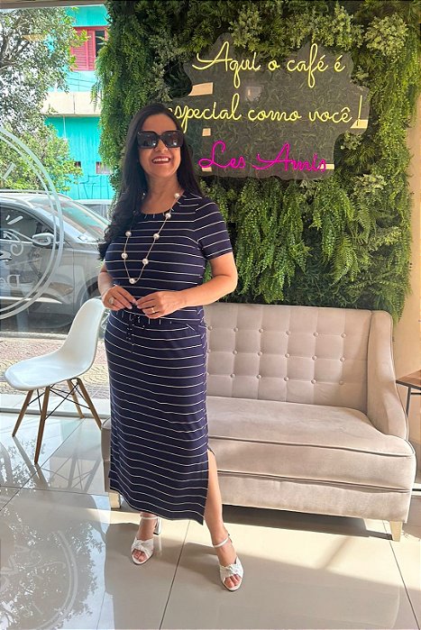 Conjunto De Saia Midi Azul Marinho Com Listras Brancas - 13455