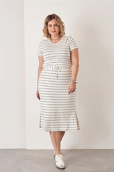 Conjunto De Saia Midi Off White Com Listras Pretas - 13455