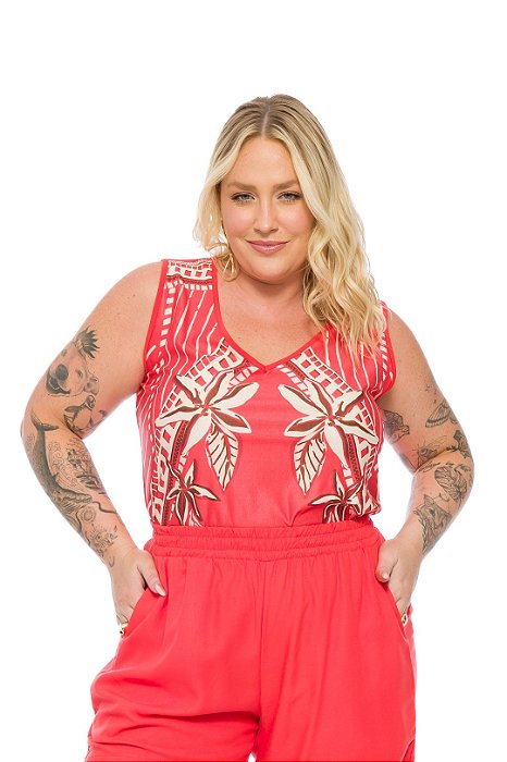 Blusa Sem Manga Coral Com Estampa Frontal E Decote V - 201933