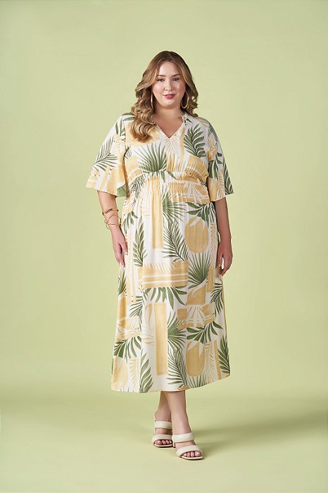 Vestido Maxi Midi Estampado Em Viscose Com Lastex Na Cintura - 201906