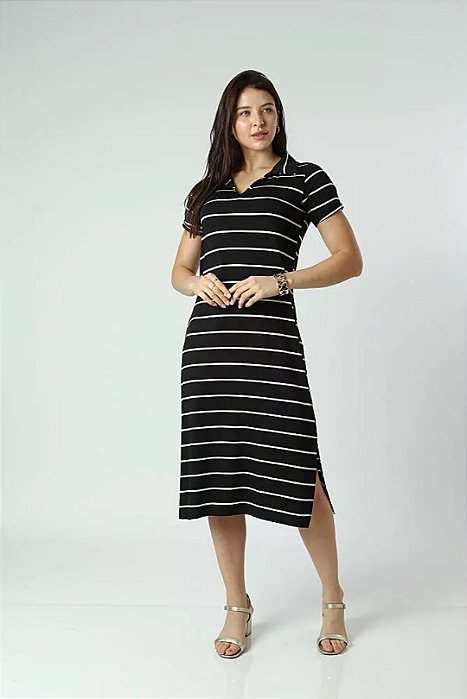 Vestido Midi Preto Com Listras Metalizadas Em Malha - 37768