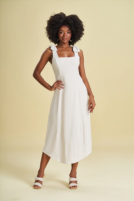 Vestido Midi Cru De Alça Com Laço Em Viscose Flamê Linên - 105151