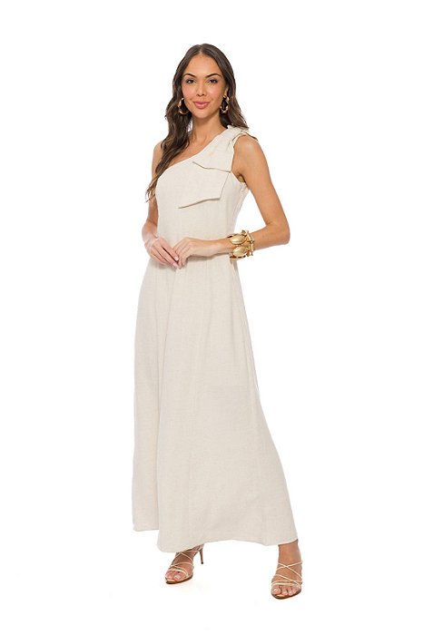Vestido Longo Cru Em Viscose Flamê Nula Manga Com Laço - 104985