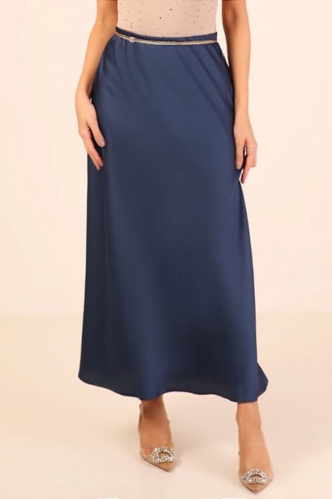 Saia Maxi Midi Azul Em Cetim Com Elástico Na Cintura - 105130