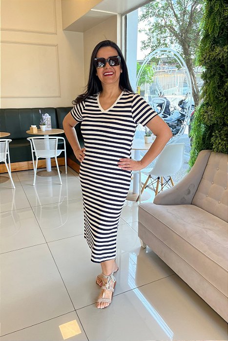 Vestido Listrado De Off White E Azul Em Malha De Manga Curta - 42320