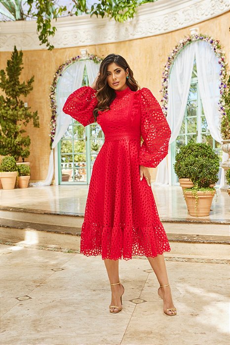 Vestido Midi Vermelho Em Renda Com Guipir Doce Maria - 03842