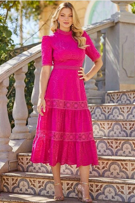 Vestido Midi Fucsia Em Laise E Guipir Com Gola Alta Doce Maria - 03872017