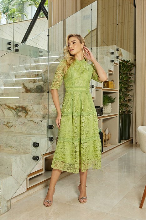Vestido Midi Verde Em Renda E Guipir Com Gola Alta Doce Maria - 03915013