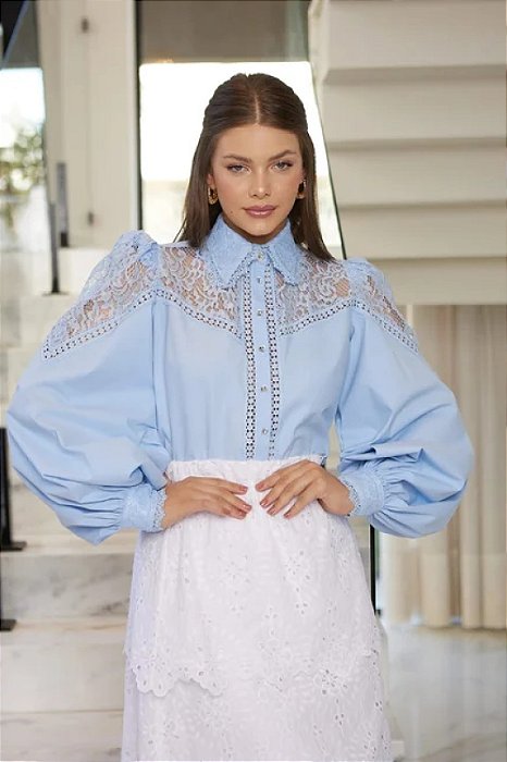 Camisa Azul Em Tricoline Com Renda E Guipir Doce Maria - 03840008