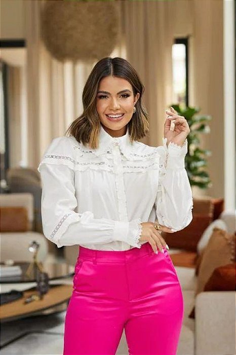 Camisa Off White Em Tricoline Com Guipir Doce Maria - 03881004