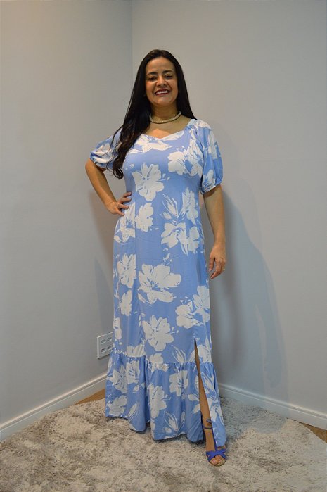 Vestido Maxi Midi Estampado Em Viscose Com Fenda Frontal - 42240