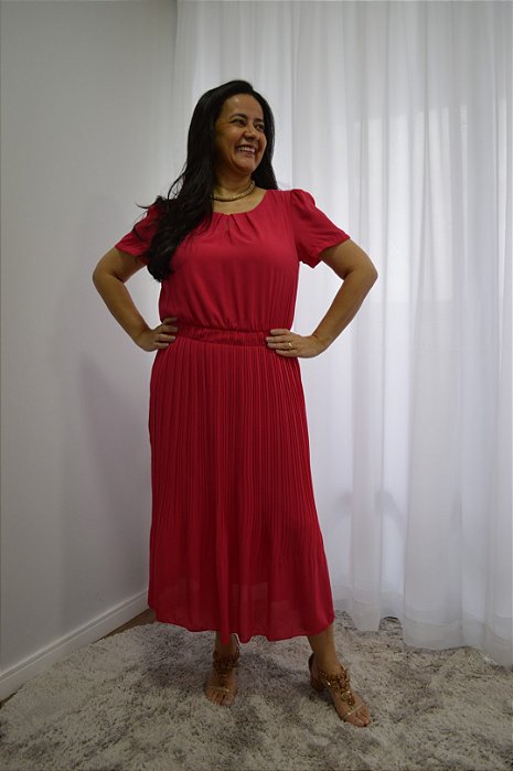 Vestido Midi Pink Em Chiffon De Manga Curta Com Saia Plissada - 42226