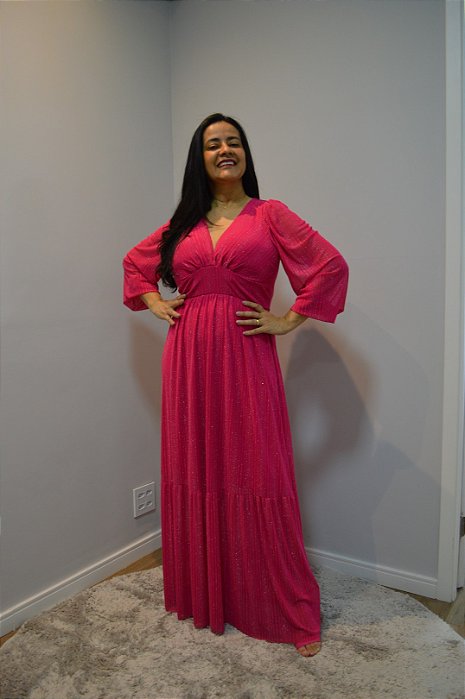 Vestido Longo Pink Com Lurex Em Tule De Manga Longa - 6339