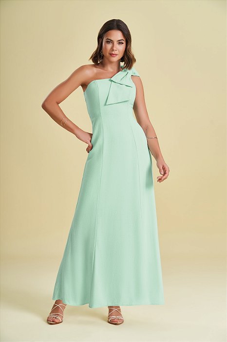 Vestido Longo Verde Em Viscose Flamê Nula Manga Com Laço - 104985