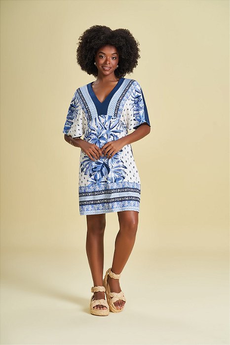 Vestido Azul Em Ribana Canelada Com Estampa Em Sarja Four Way - 105079