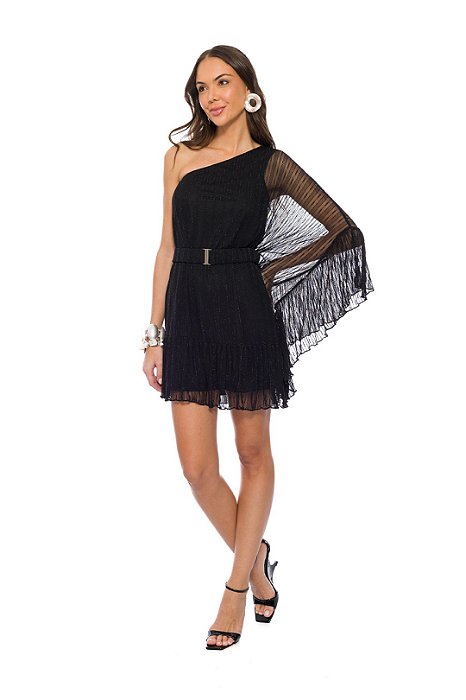 Vestido Preto Em Tule Com Lurex Nula Manga E Acompanha Cinto - 104987
