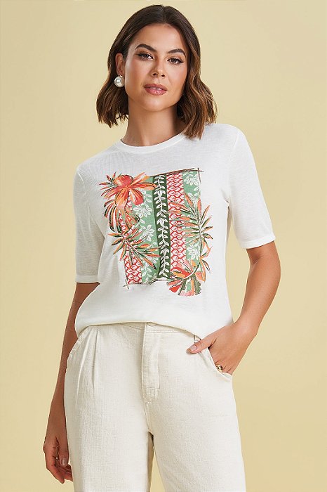T-Shirt Off White Com Estampa Frontal Em Malha Tricot Flamê De Manga Curta - 105116