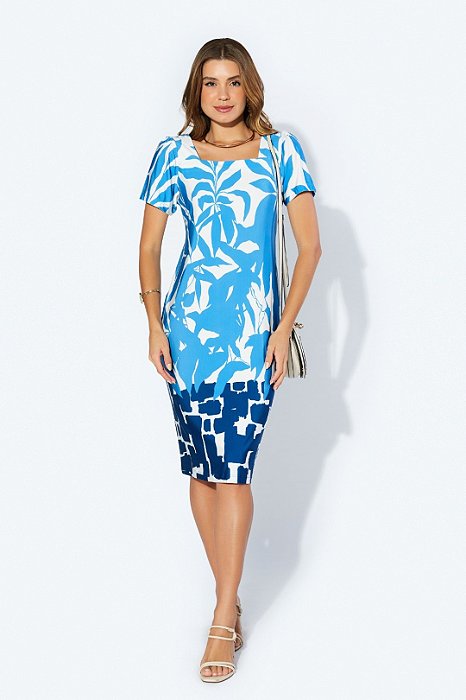 Vestido Estampado De Azul Claro E Marinho E Off White Clamila - 10708