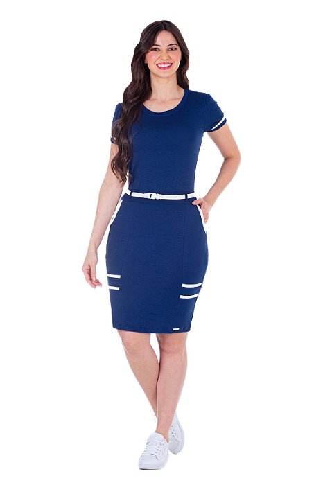 Vestido Azul Com Detalhes Em Branco E Acompanha Cinto Hapuk - 061818